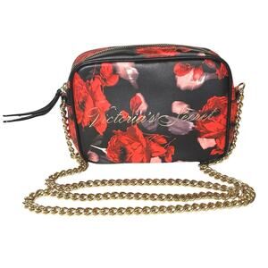 Victoria’s Secret Floral Crossbody Bag Black Red Gold Chain Small Purse 9x6